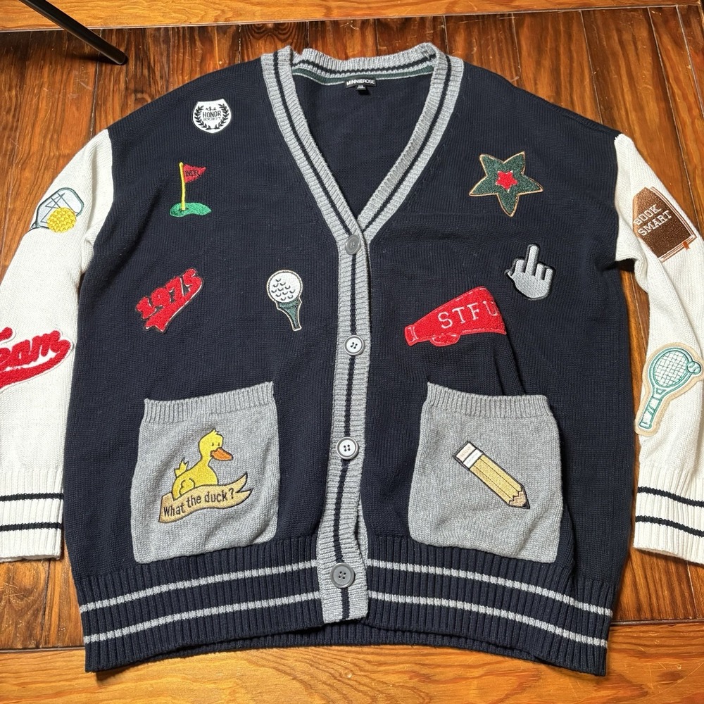 Minnie Rose Varsity School Patches Cardigan Sweater Golf Pencil Stfu Suck Sports